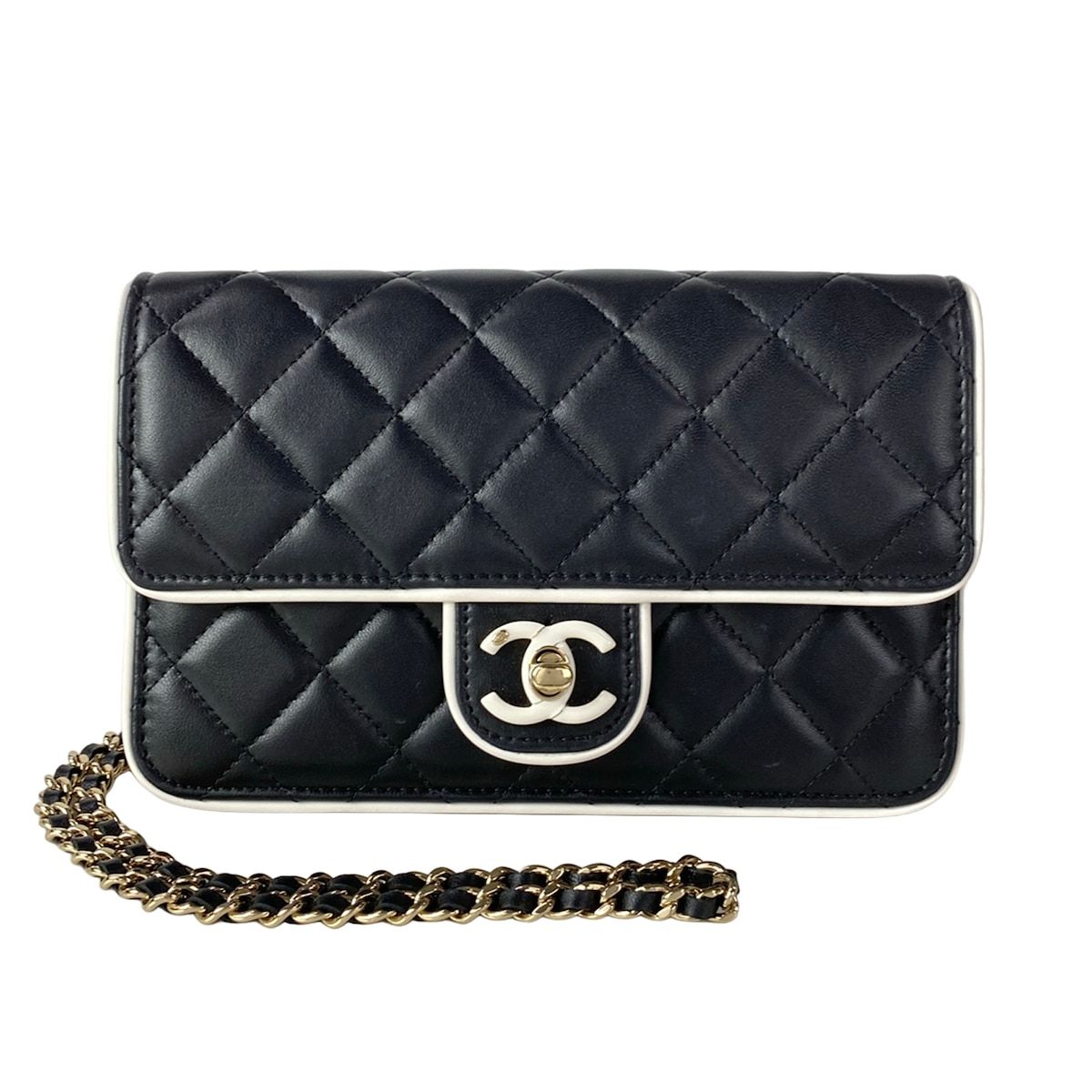 Chanel Wallet Quilted Black White Chain Metal Gold Lambskin Shoulder
