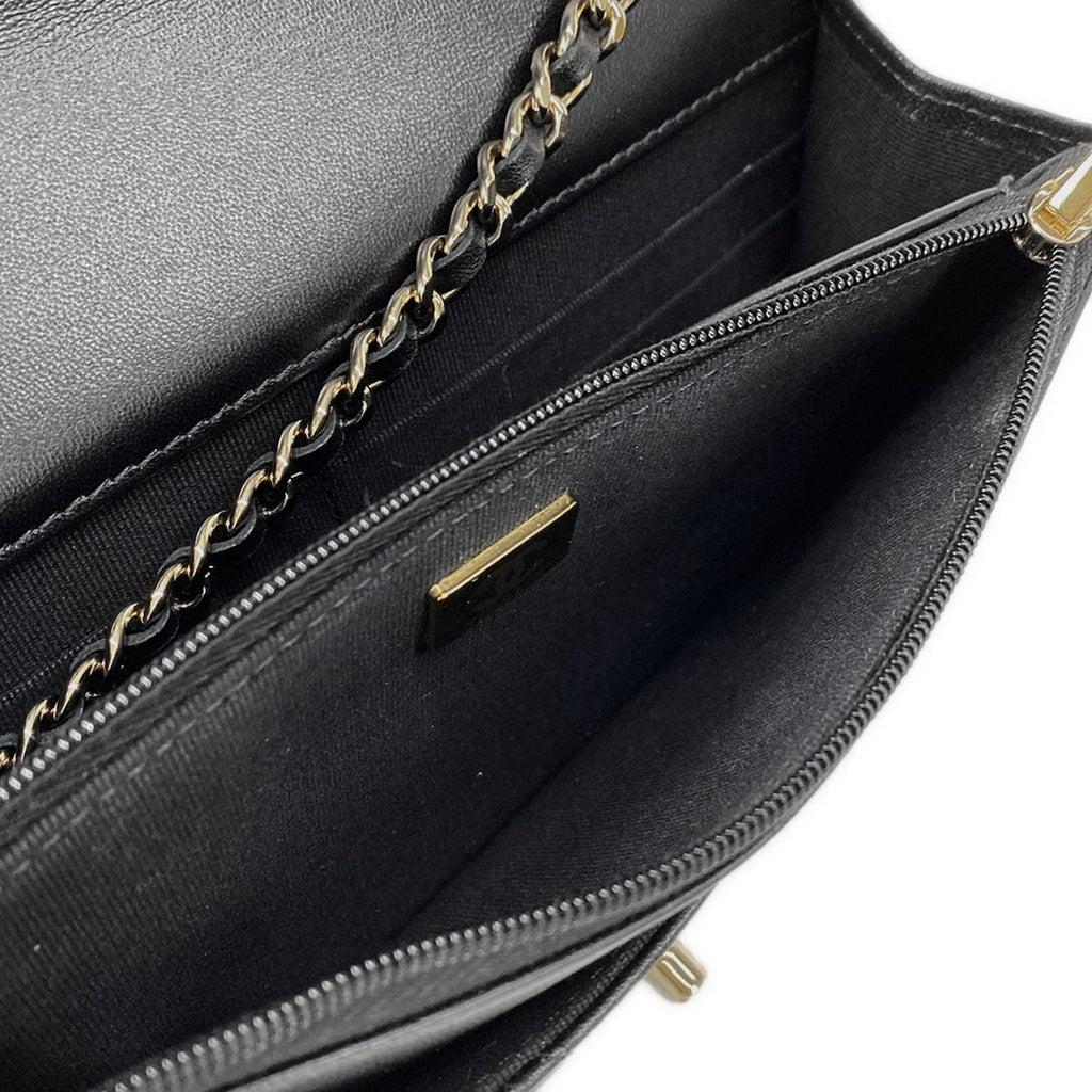 Chanel Wallet Quilted Black White Chain Metal Gold Lambskin Shoulder — view 5