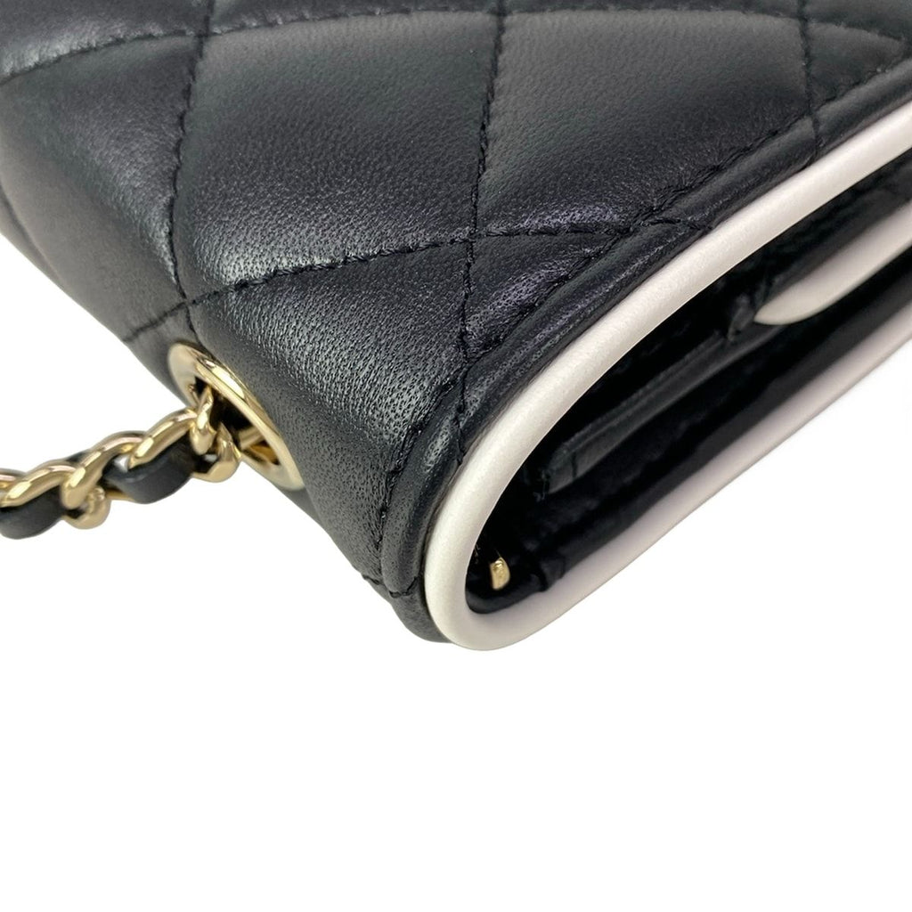 Chanel Wallet Quilted Black White Chain Metal Gold Lambskin Shoulder — view 8