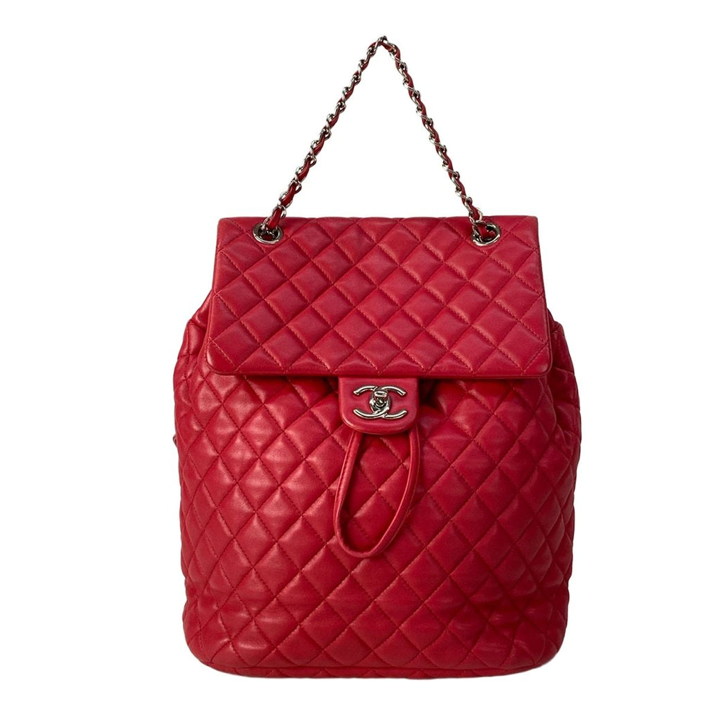 Chanel Backpack Quilted Red Silver Chain Shoulder Lambskin