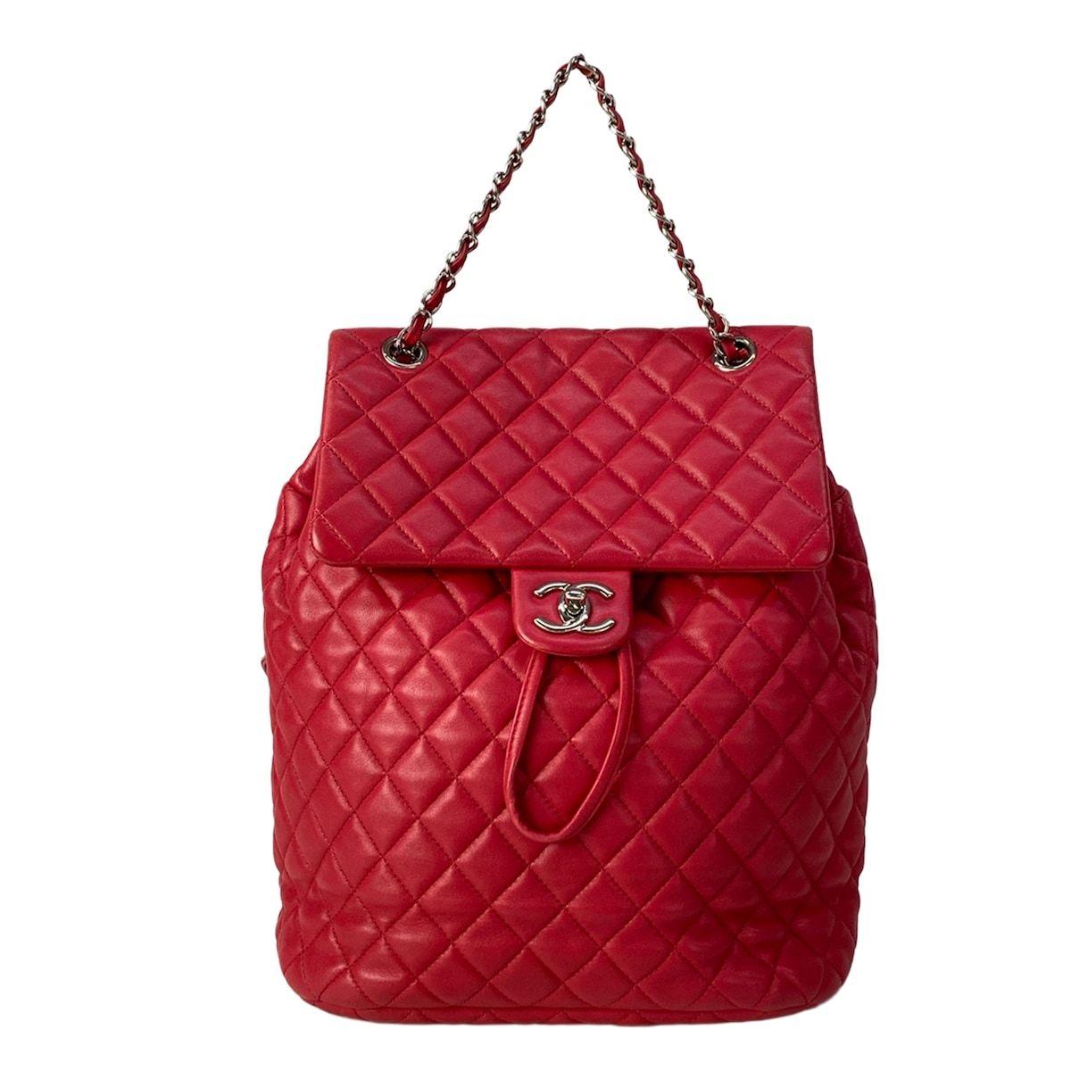Chanel Backpack Quilted Red Silver Chain Shoulder Lambskin