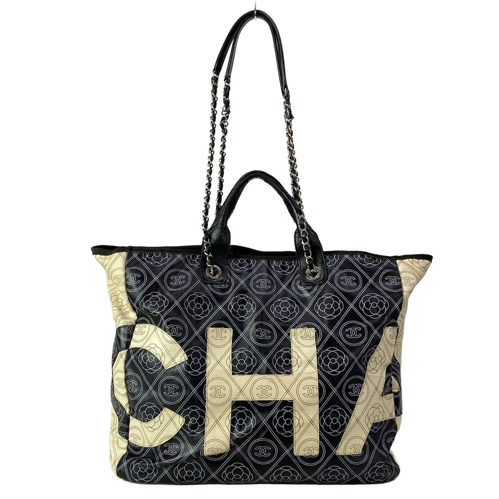 Chanel Tote Large Shopping Black Ivory 2-Way Chain Shoulder Silver Leather