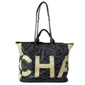 Chanel Tote Large Shopping Black Ivory 2-Way Chain Shoulder Silver Leather