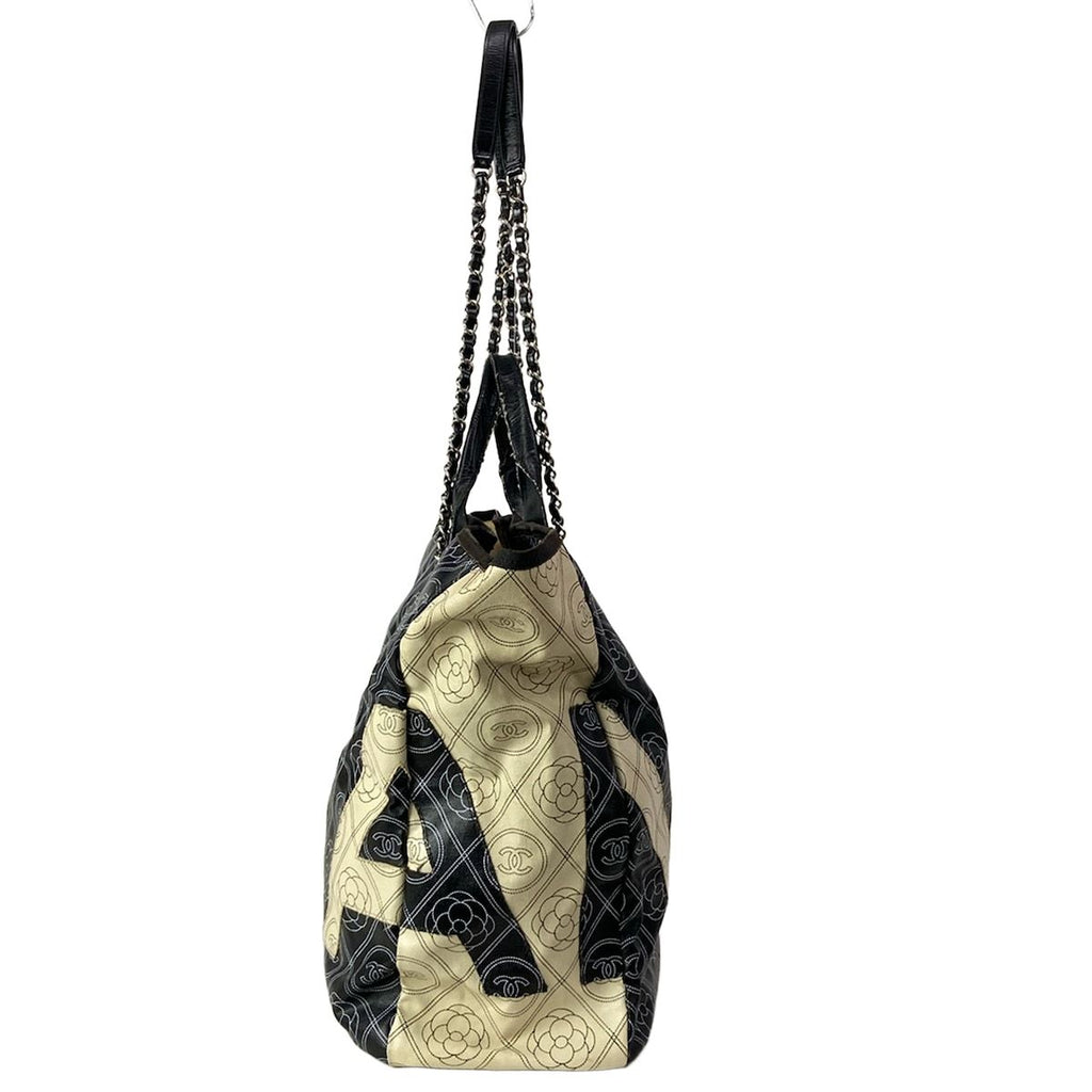 Chanel Tote Large Shopping Black Ivory 2-Way Chain Shoulder Silver Leather — view 4