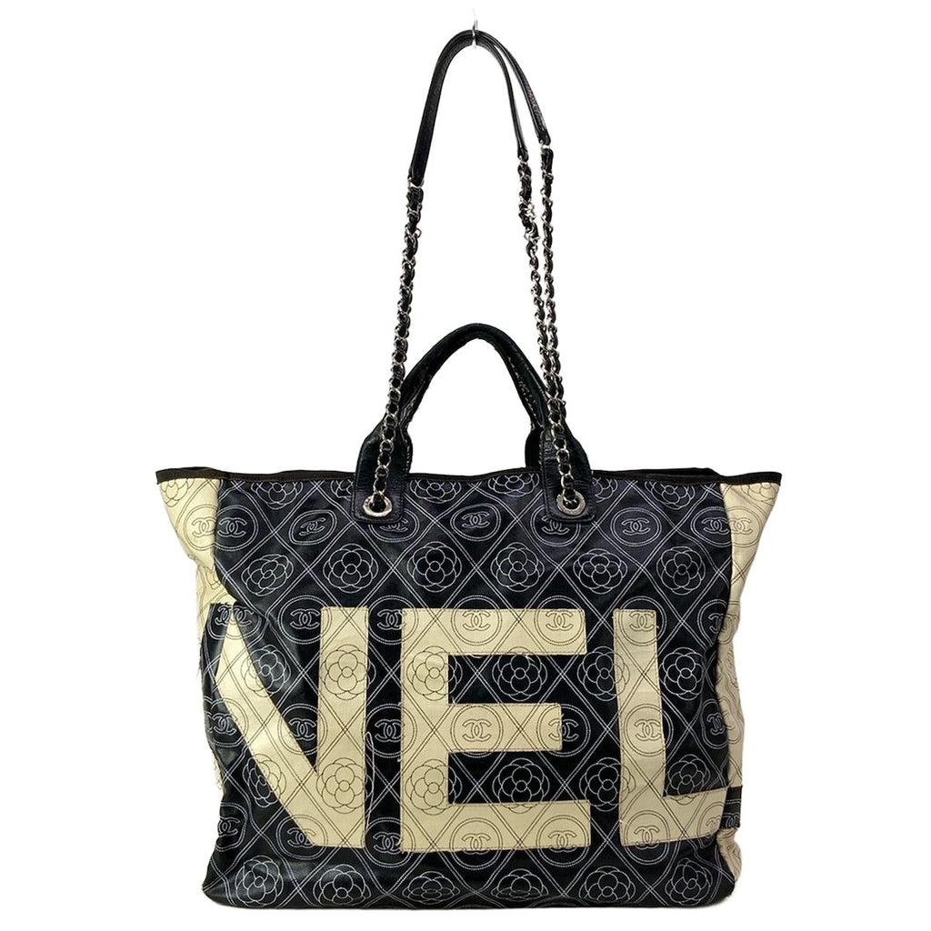 Chanel Tote Large Shopping Black Ivory 2-Way Chain Shoulder Silver Leather — view 3