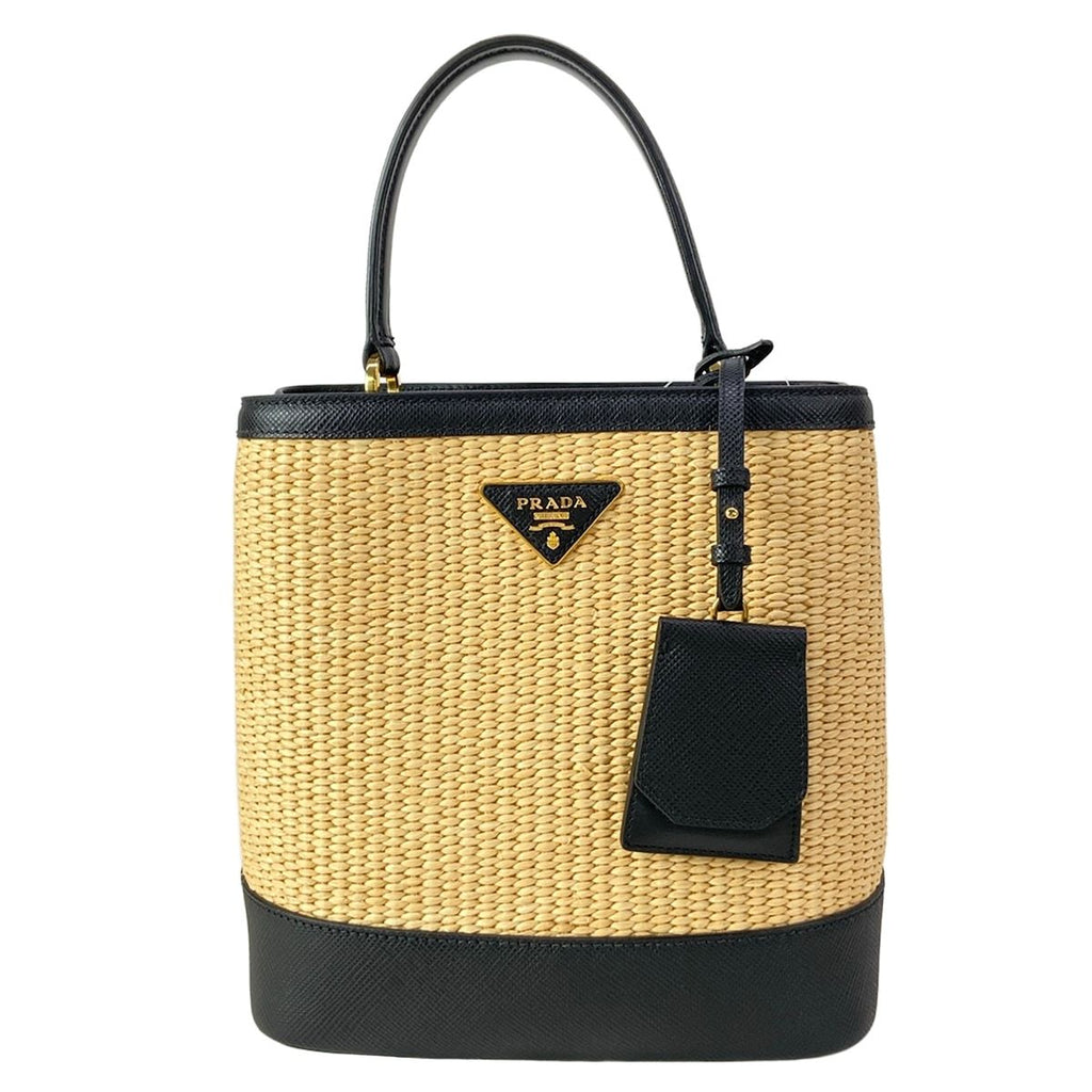 Prada Handbag Pannier Black Beige Gold Leather