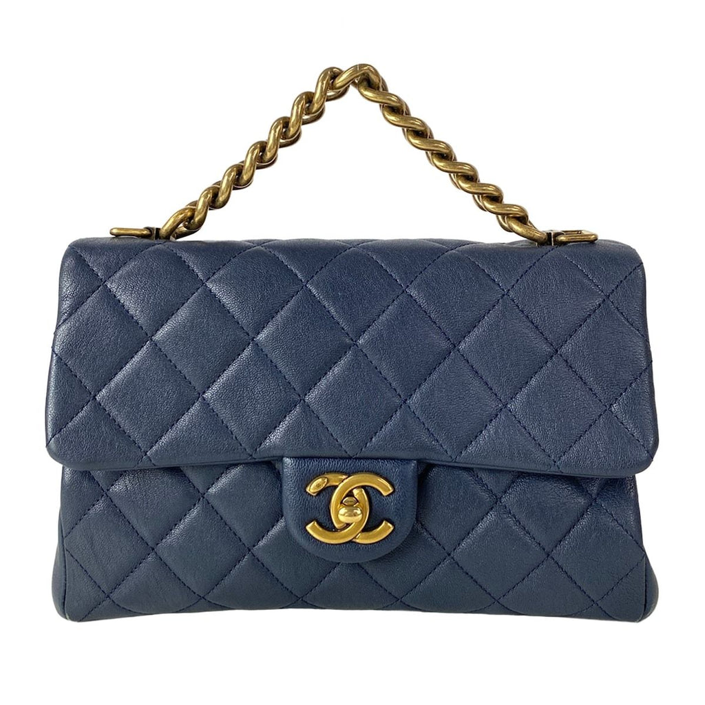 Chanel Handbag Quilted Dark Navy Chain Handle Gold