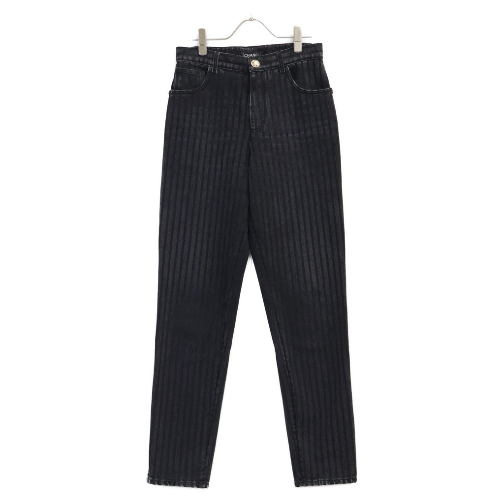 Chanel 20k Striped CC Logo Button Denim Pants 36