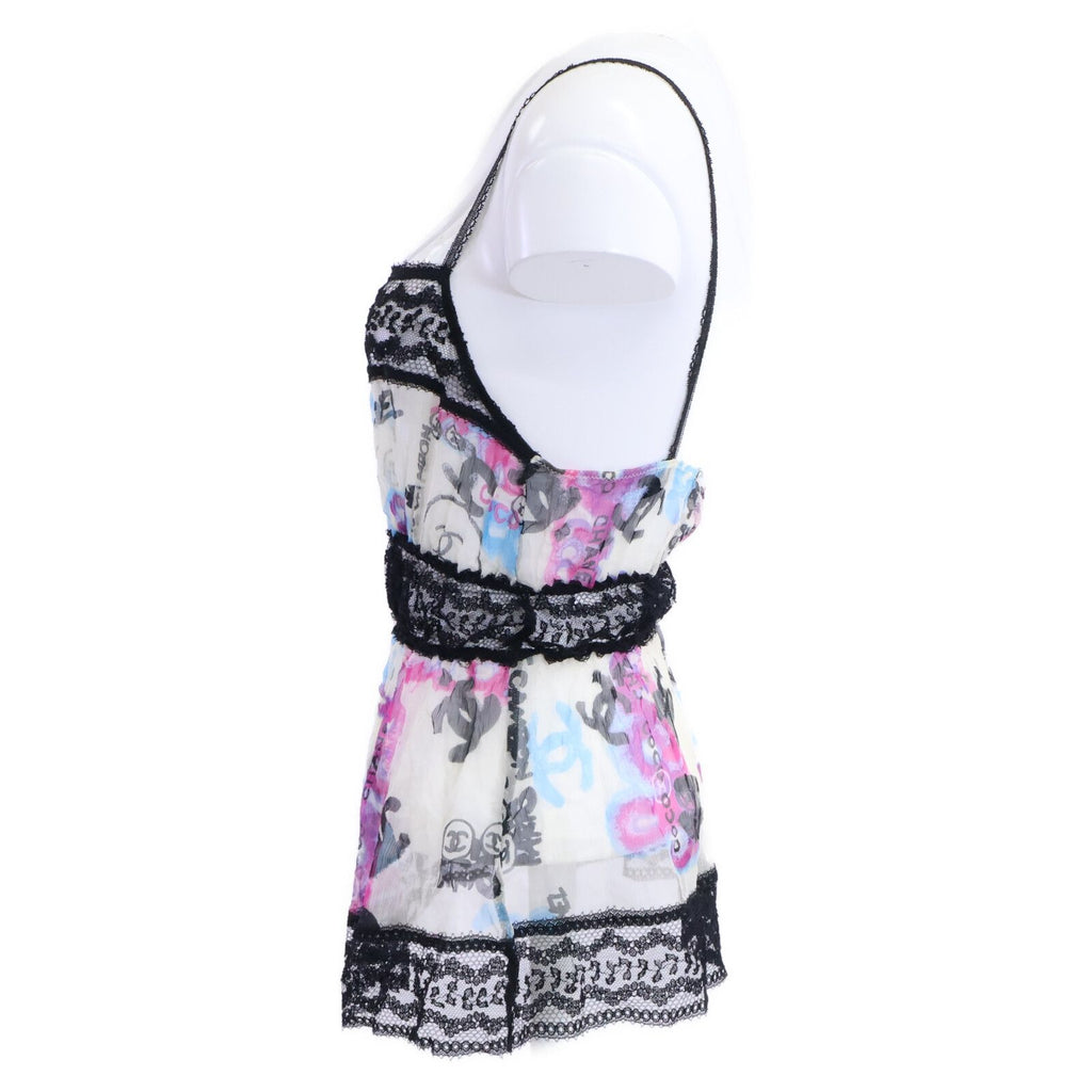 Chanel 07c Silk Graffiti CC Logo Lace Trim Camisole 38 — view 2