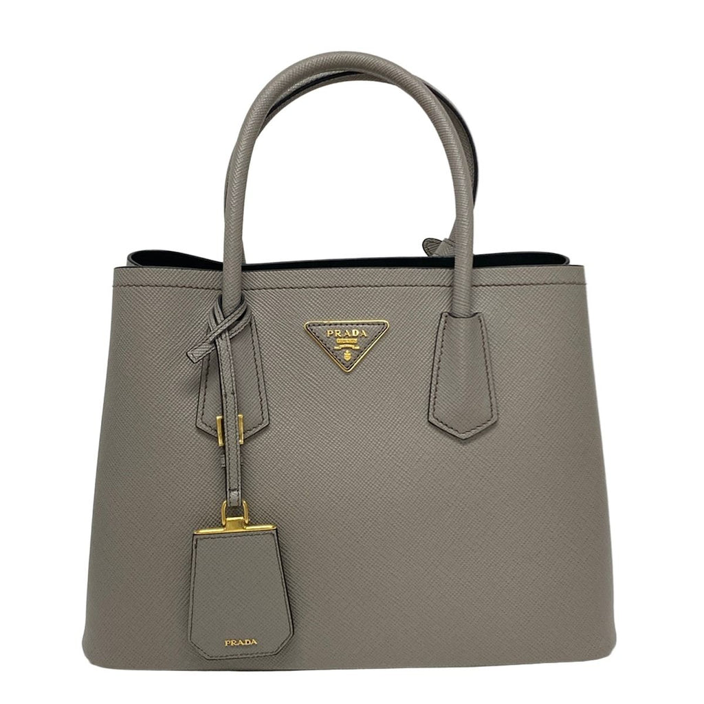 Prada Handbag Double Bag Gray Beige Leather