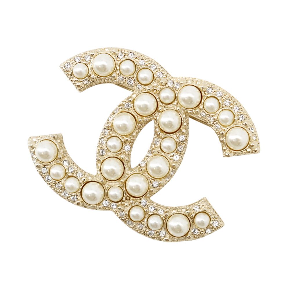 Chanel Brooch CC Logo Rhinestone Faux Pearl Metal