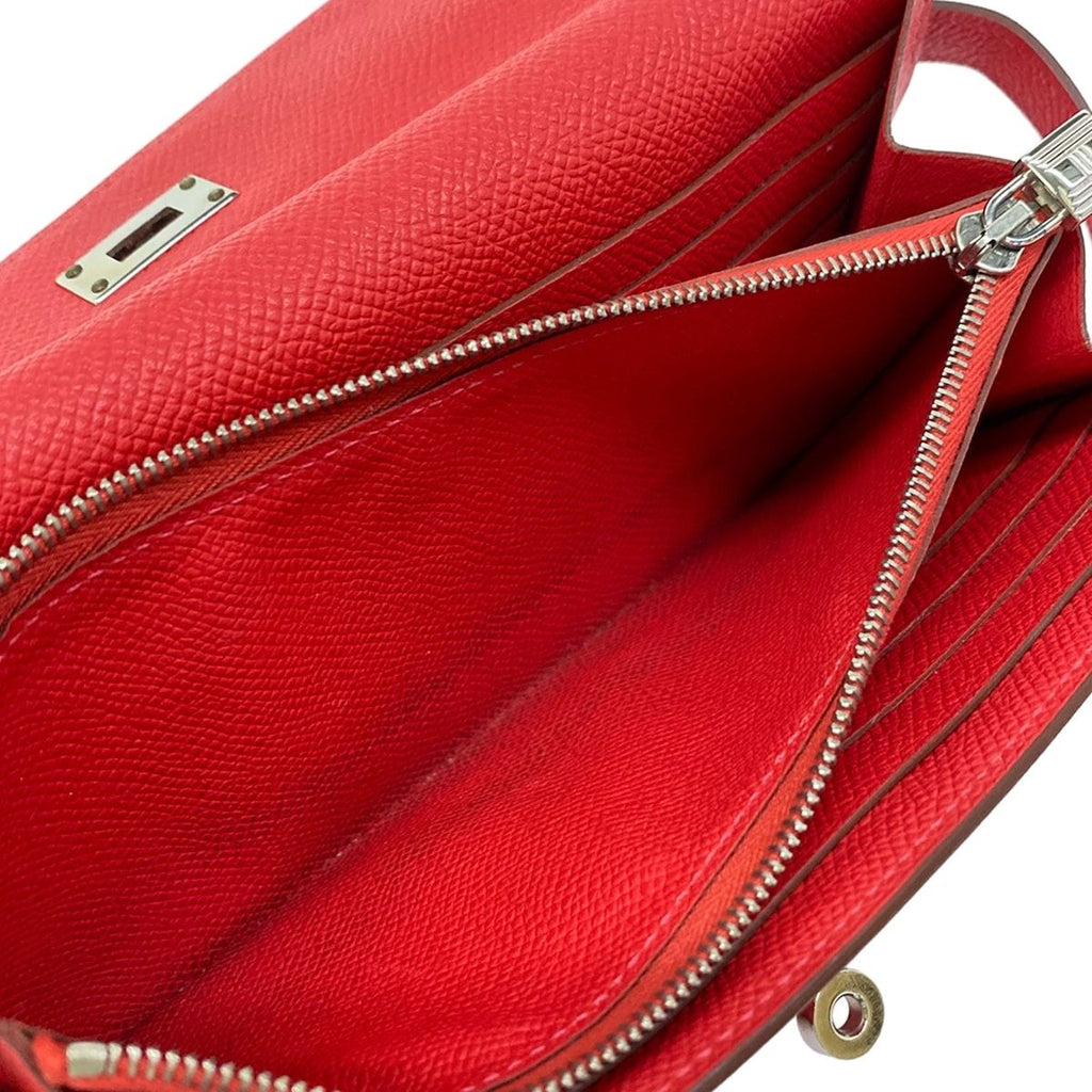 Hermes Wallet Kelly Long Rouge Kazak Silver — view 5