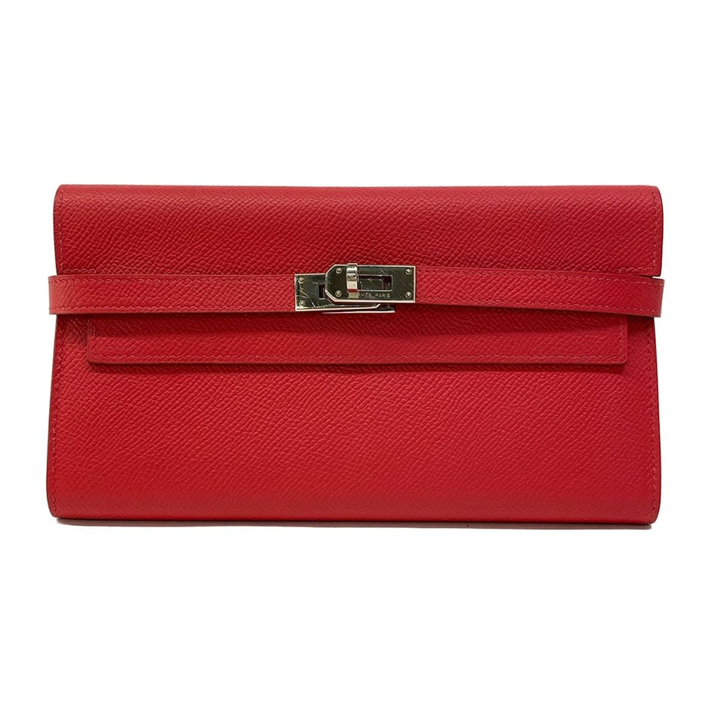 Hermes Wallet Kelly Long Rouge Kazak Silver