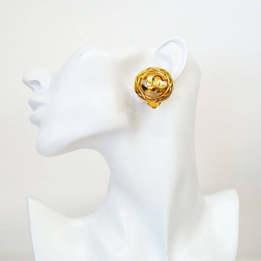 Chanel Earrings Vintage CC Logo Gold Plated Faux Pearl — view 5
