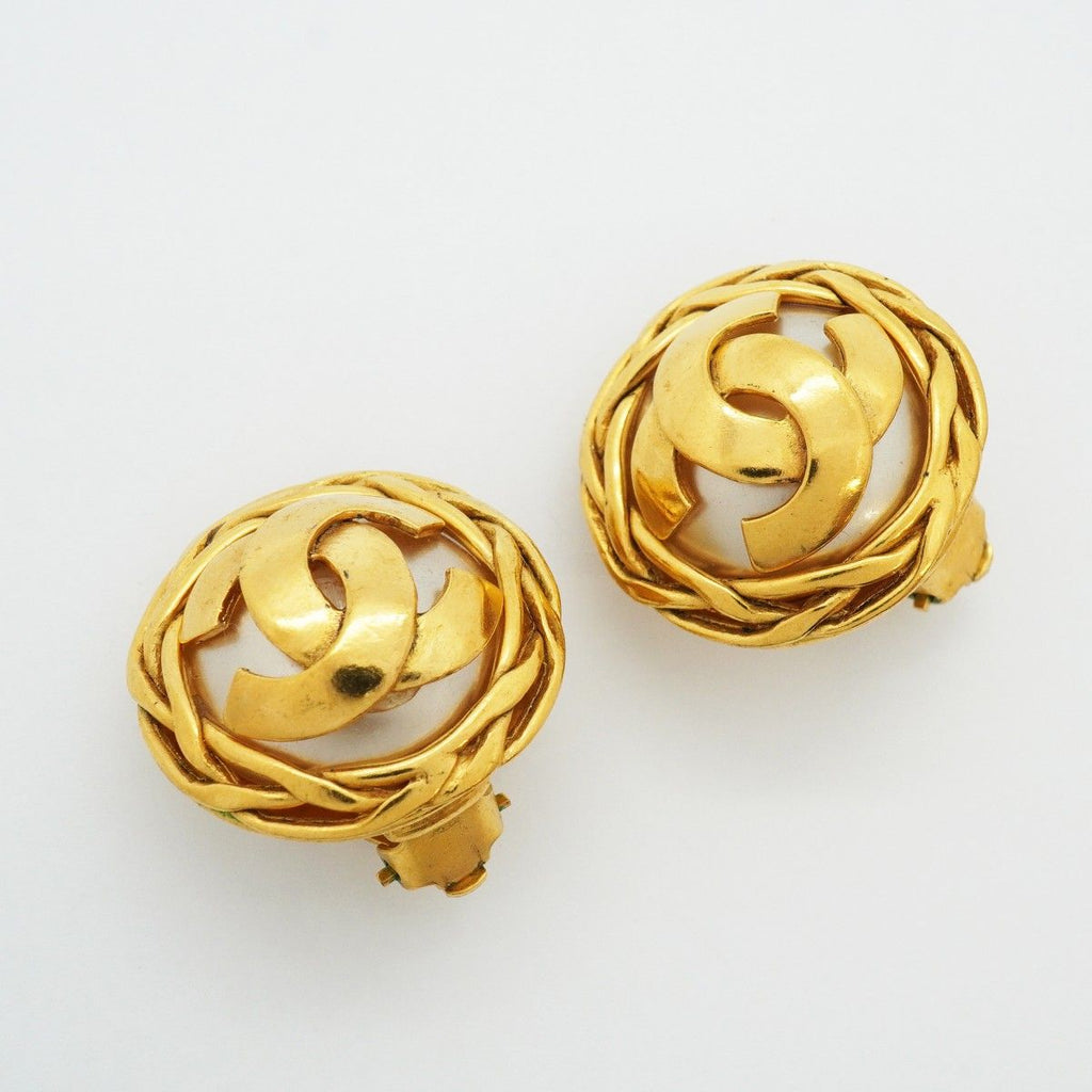 Chanel Earrings Vintage CC Logo Gold Plated Faux Pearl — view 2