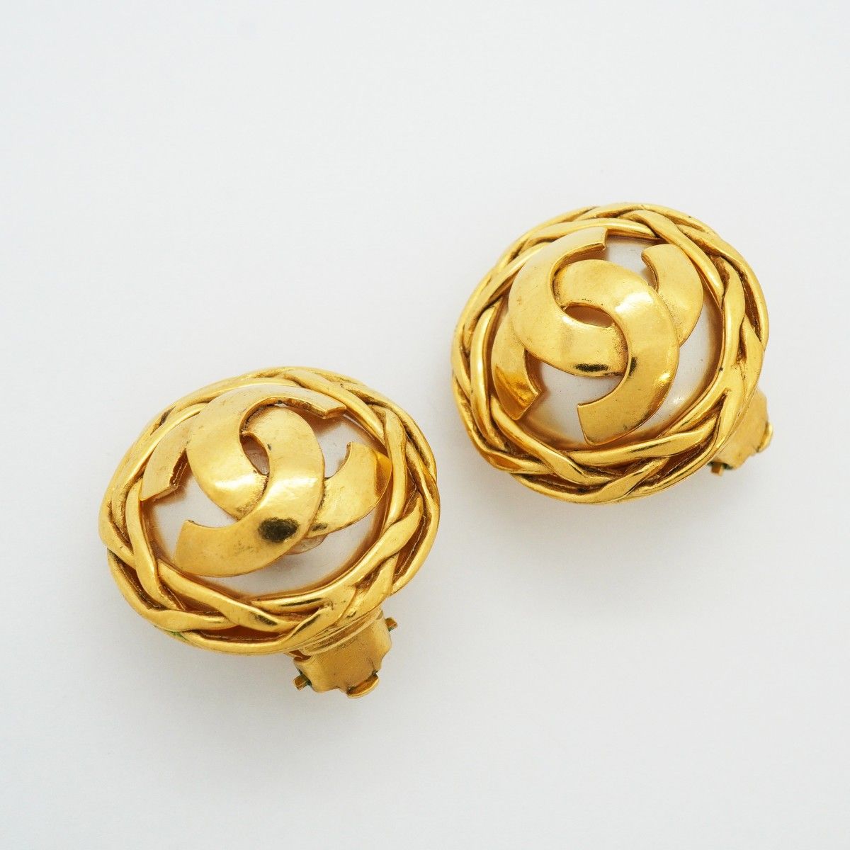 Chanel Earrings Vintage CC Logo Gold Plated Faux Pearl — view 2