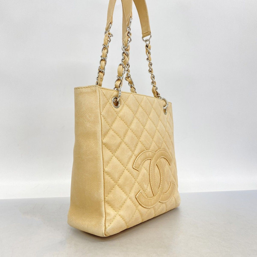 Chanel Chain Tote Quilted Caviar Leather Beige Silver — view 2