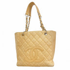 Chanel Chain Tote Quilted Caviar Leather Beige Silver