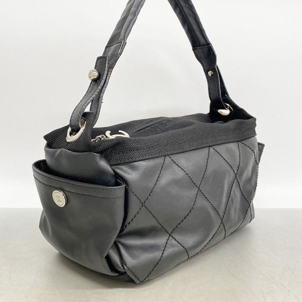 Chanel Shoulder Bag Paris Biarritz Canvas Black Silver — view 2