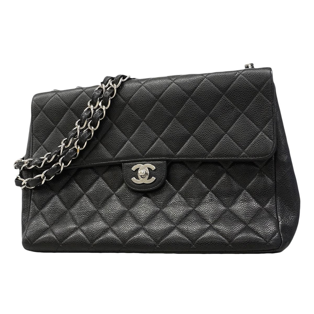 Chanel Shoulder Bag Maxi Quilted Caviar Leather Black Silver
