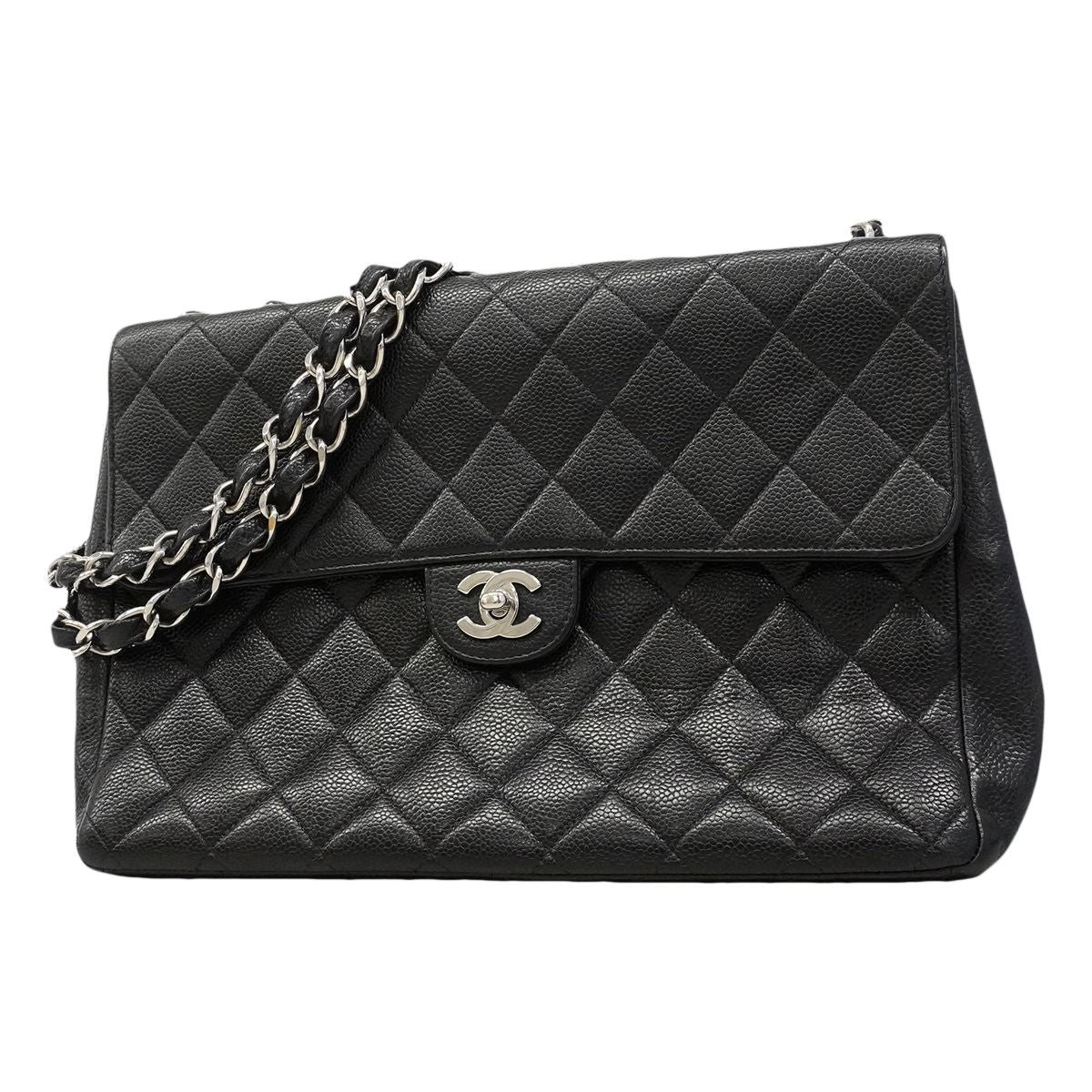 Chanel Shoulder Bag Maxi Quilted Caviar Leather Black Silver