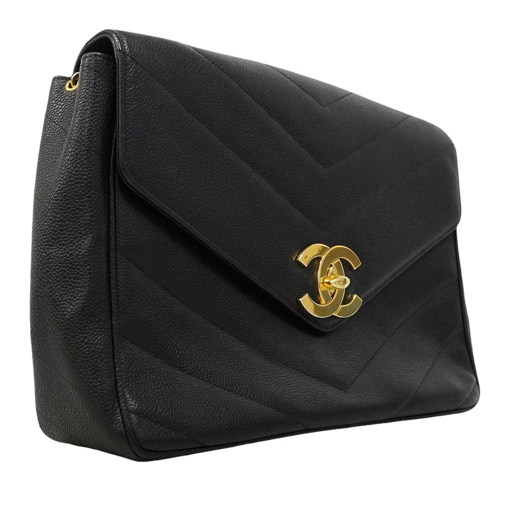 Chanel Shoulder Bag Stitch Caviar Leather Black Gold — view 2
