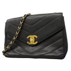 Chanel Shoulder Bag Stitch Caviar Leather Black Gold