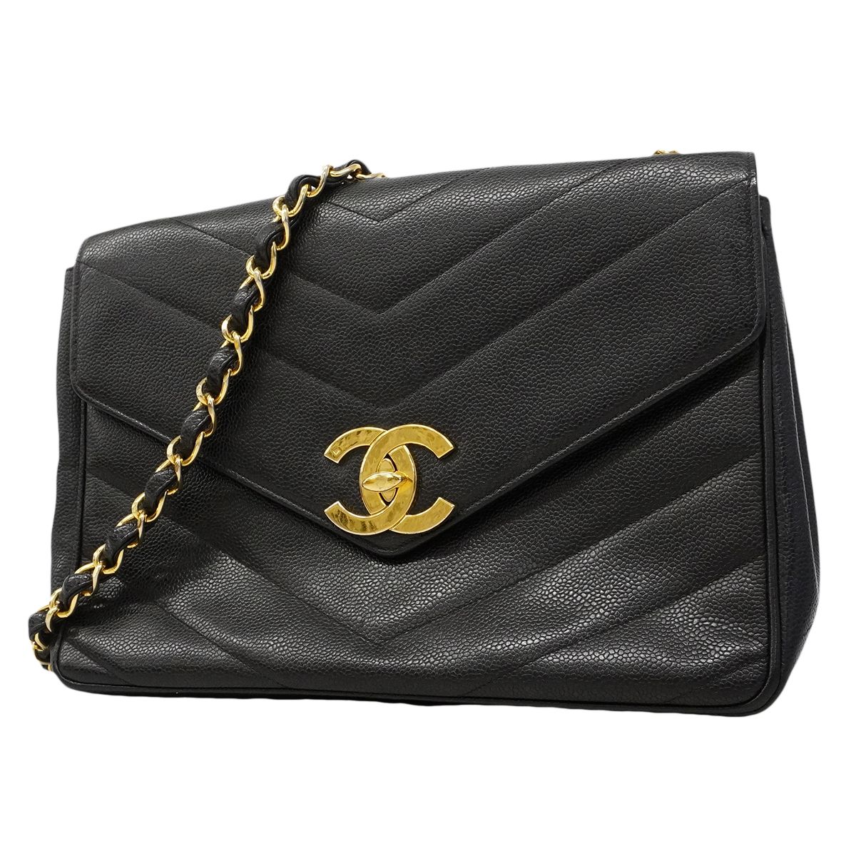 Chanel Shoulder Bag Stitch Caviar Leather Black Gold