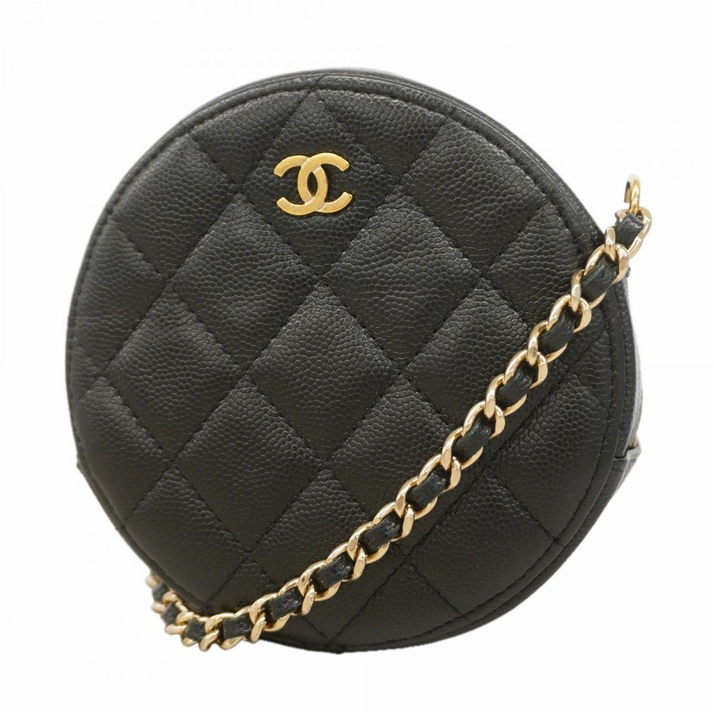 Chanel Shoulder Bag Quilted Caviar Leather Black Gold