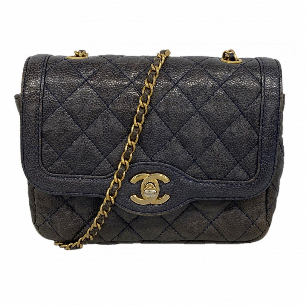 Chanel Shoulder Bag Quilted Caviar Leather Blue Gold
