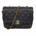 Chanel Shoulder Bag Quilted Caviar Leather Blue Gold
