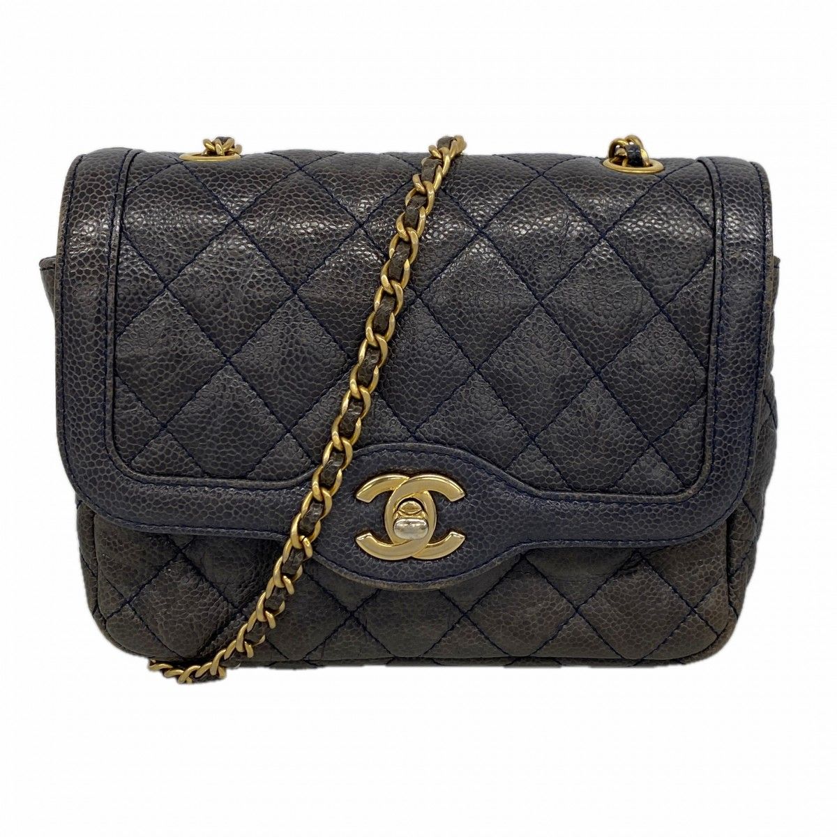 Chanel Shoulder Bag Quilted Caviar Leather Blue Gold