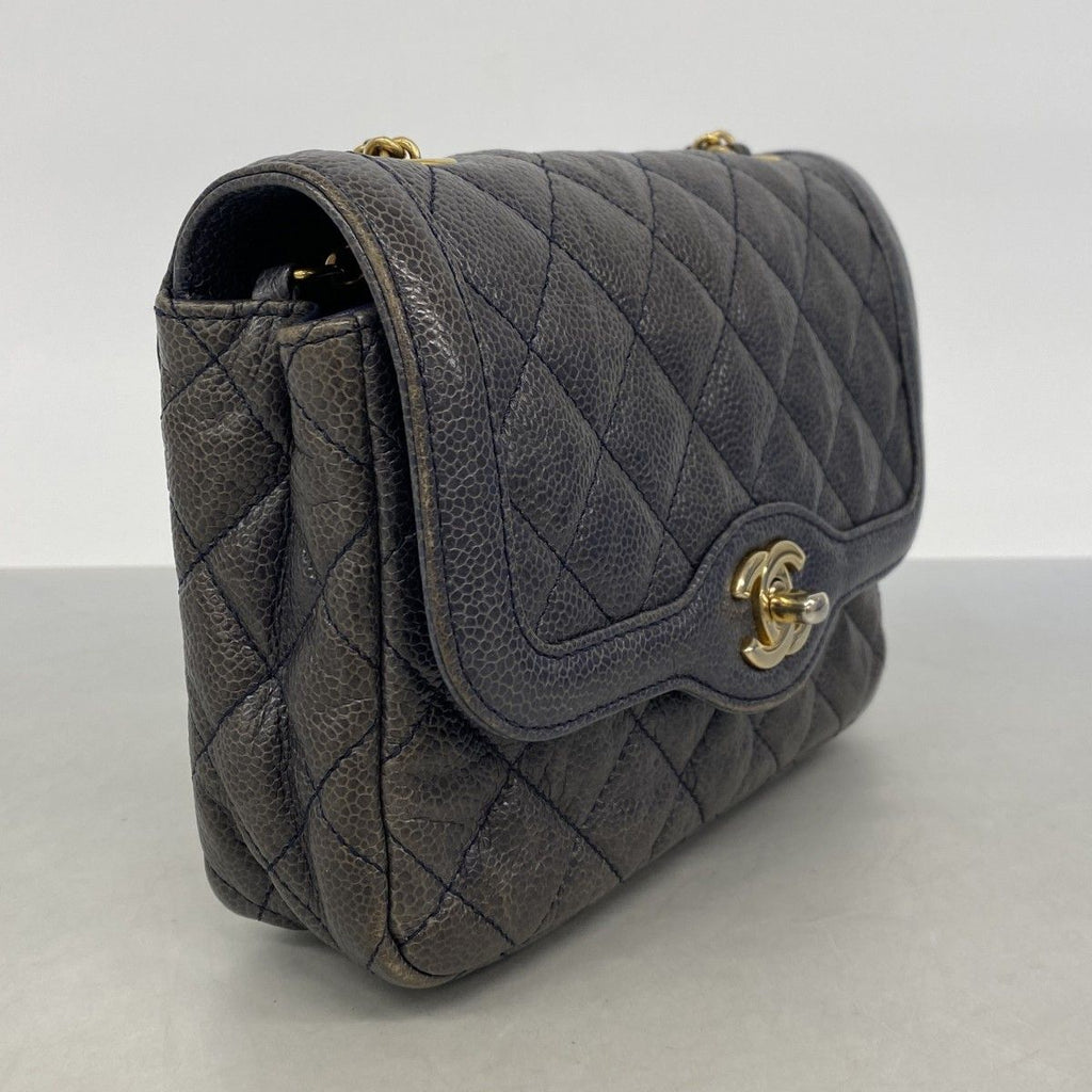 Chanel Shoulder Bag Quilted Caviar Leather Blue Gold — view 2