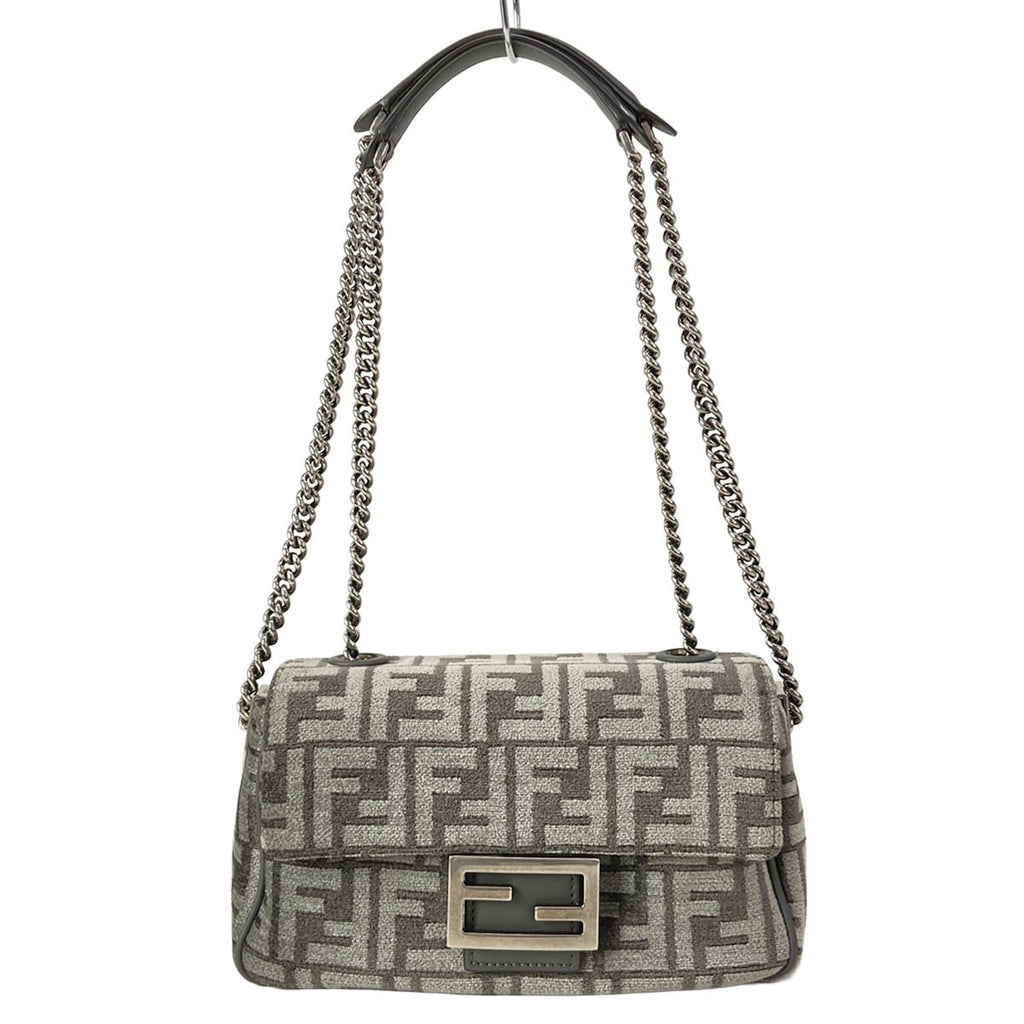 Fendi Shoulder Bag Baguette Chain Midi Dark Gray Cotton Leather