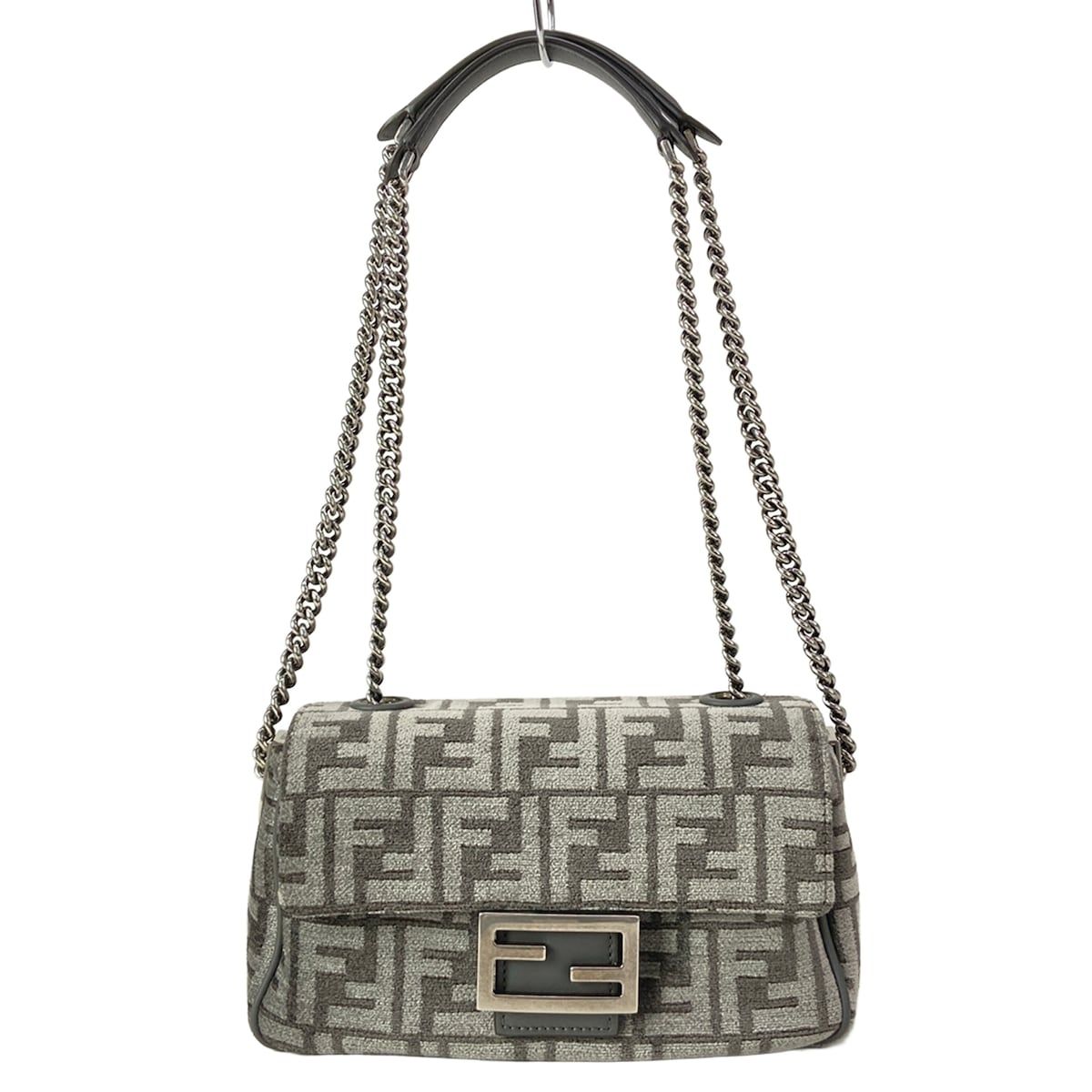 Fendi Shoulder Bag Baguette Chain Midi Dark Gray Cotton Leather