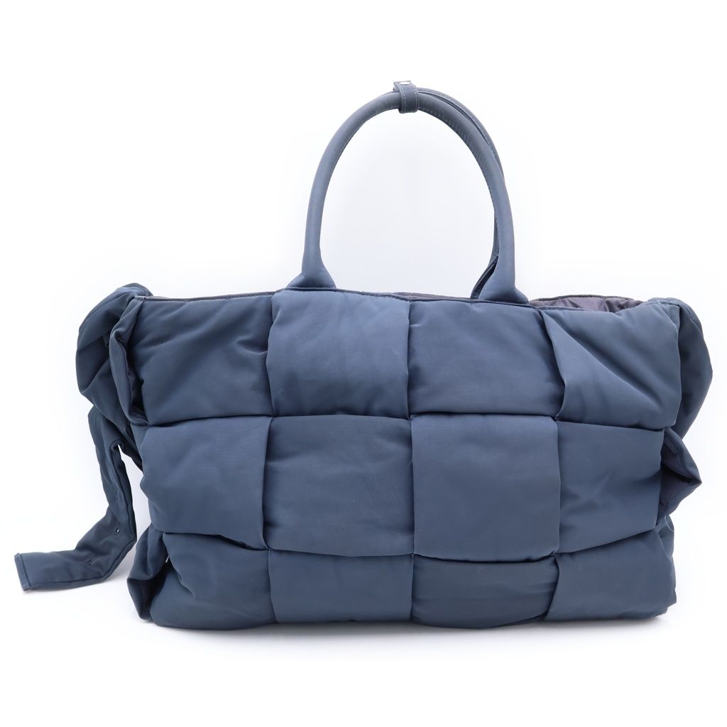 Bottega Veneta Maxi Intreccia Arco 2-Way Tote Shoulder Bag Navy Nylon Silver