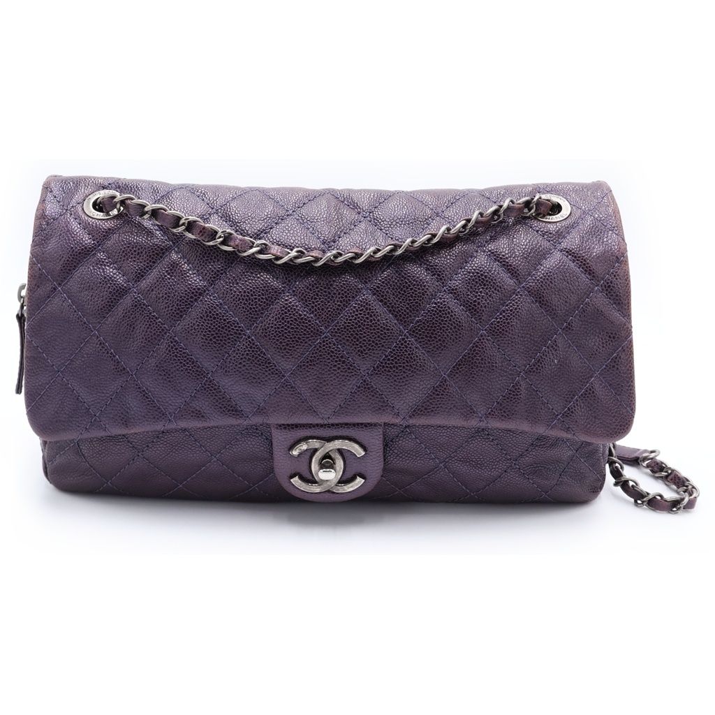 Chanel Maxi Quilted Caviar Leather Silver Chain Shoulder Bag Tote Purple