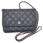 Chanel CC Logo Quilted Caviar Leather Silver Chain Wallet Shoulder Bag Black