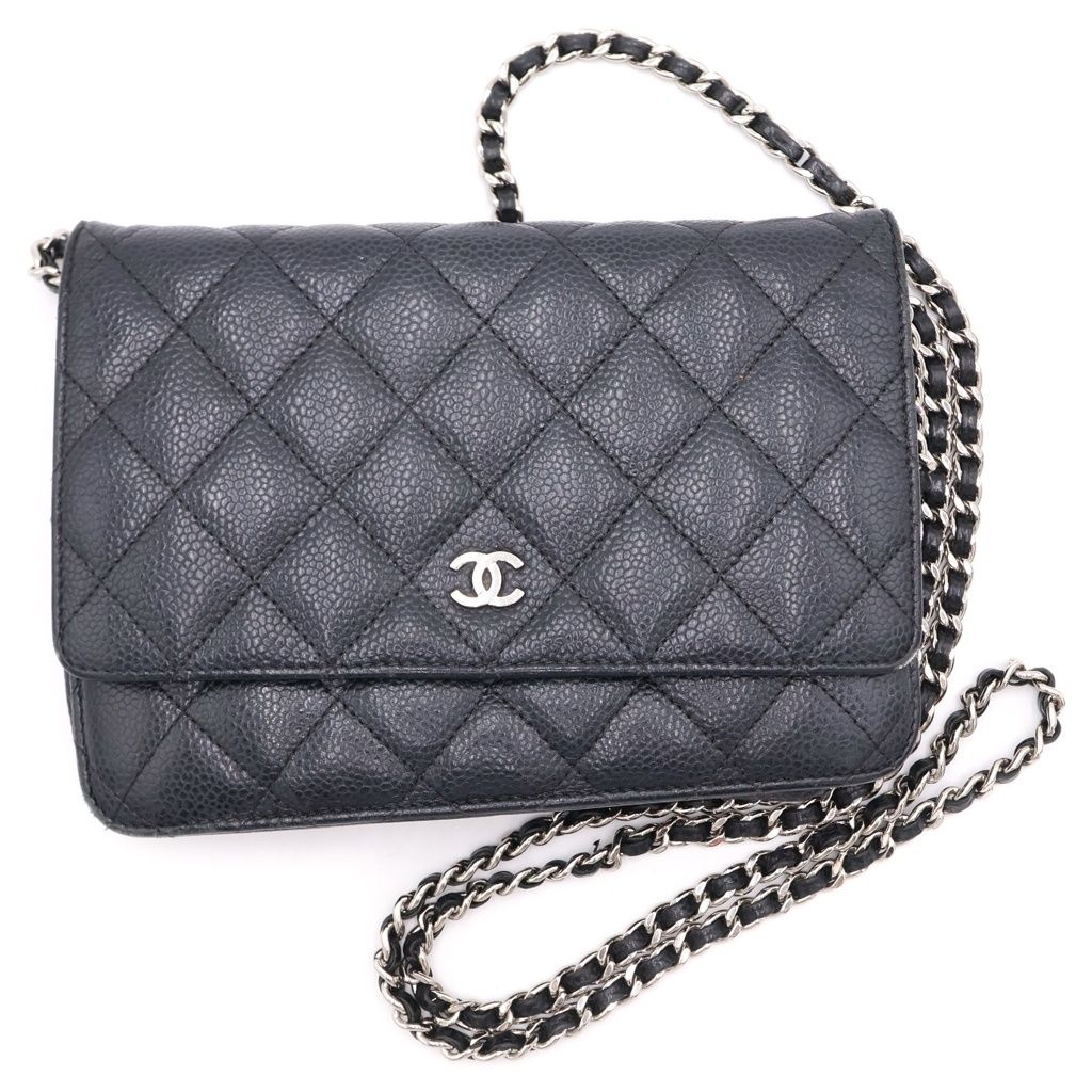 Chanel CC Logo Quilted Caviar Leather Silver Chain Wallet Shoulder Bag Black