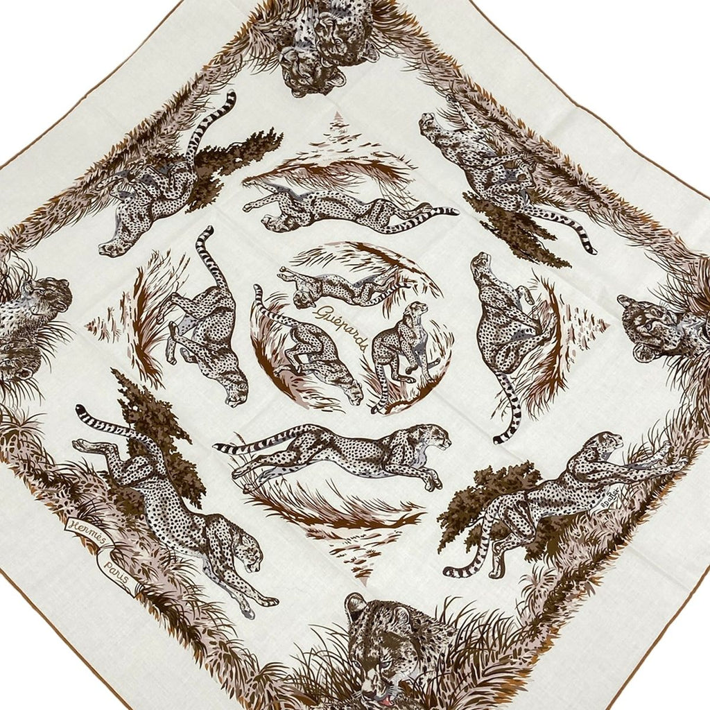 Hermes Scarf Carre 80 White Dark Brown Multi Guepards Cheetah