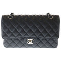 Chanel Quilted 25 Double Flap Chain Shoulder Bag Caviar Leather Silver Stand