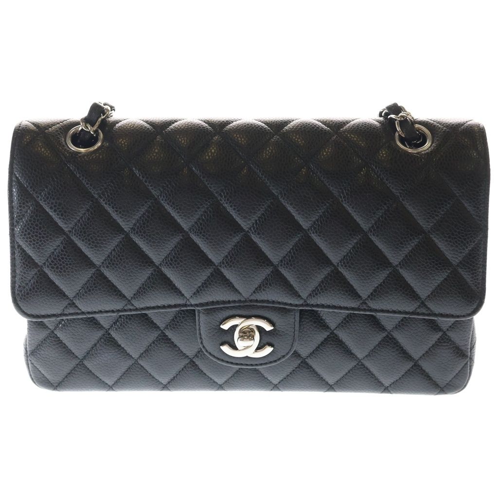 Chanel Quilted 25 Double Flap Chain Shoulder Bag Caviar Leather Silver Stand