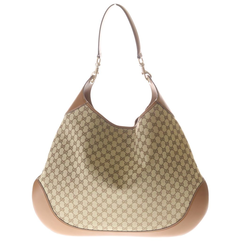 Gucci B Large Shoulder Bag B GG Canvas Leather Trim Brown