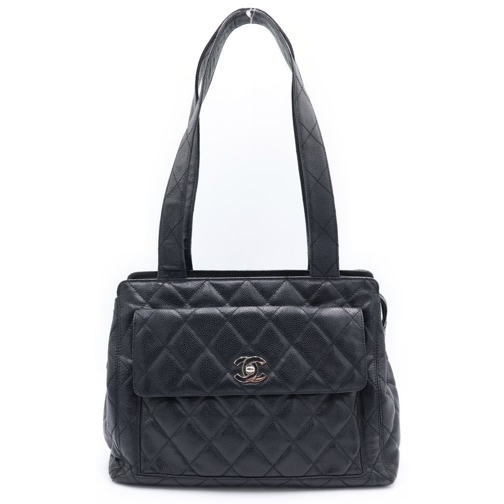 Chanel Quilted Lock Tote Black Caviar Leather Silver