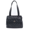 Chanel Quilted Lock Tote Black Caviar Leather Silver