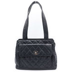Chanel Quilted Lock Tote Black Caviar Leather Silver