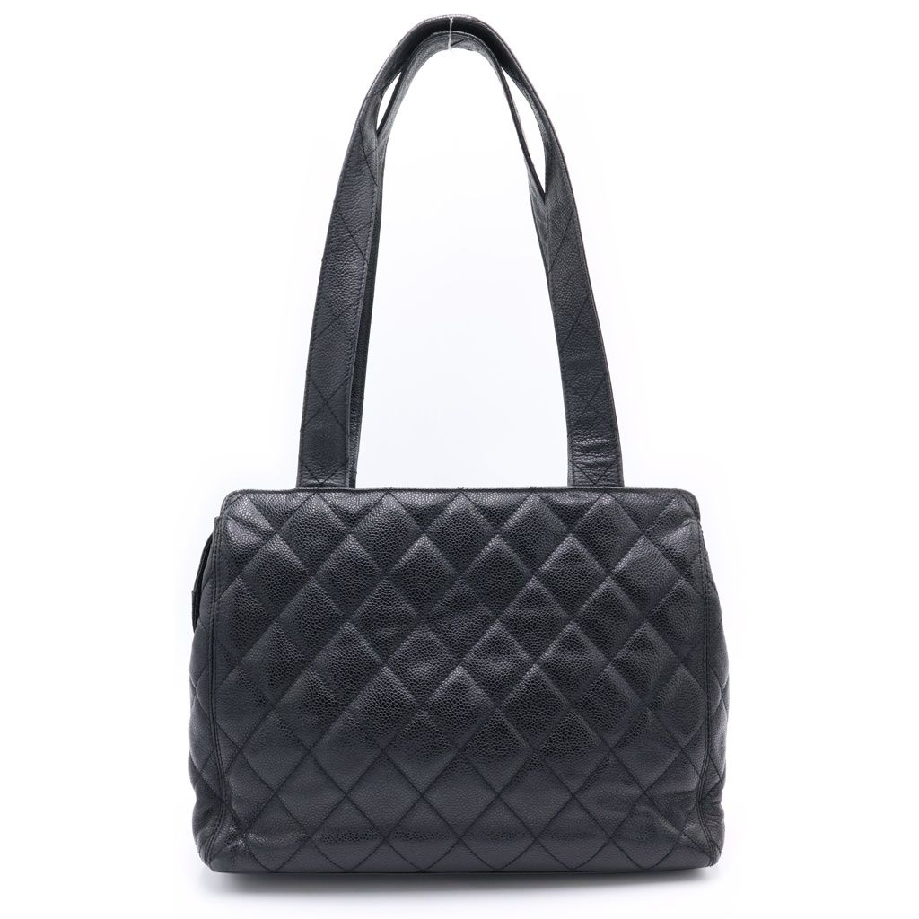 Chanel Quilted Lock Tote Black Caviar Leather Silver — view 2