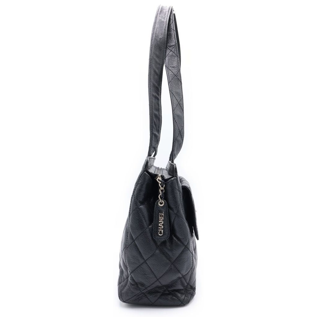 Chanel Quilted Lock Tote Black Caviar Leather Silver — view 3