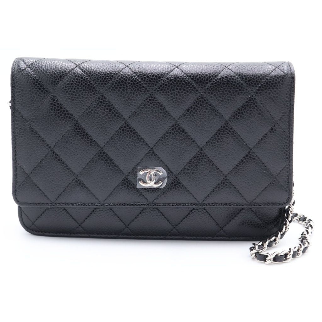 Chanel Quilted Chain Wallet Shoulder Bag Caviar Leather Silver Stand