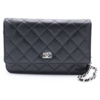 Chanel Quilted Chain Wallet Shoulder Bag Caviar Leather Silver Stand